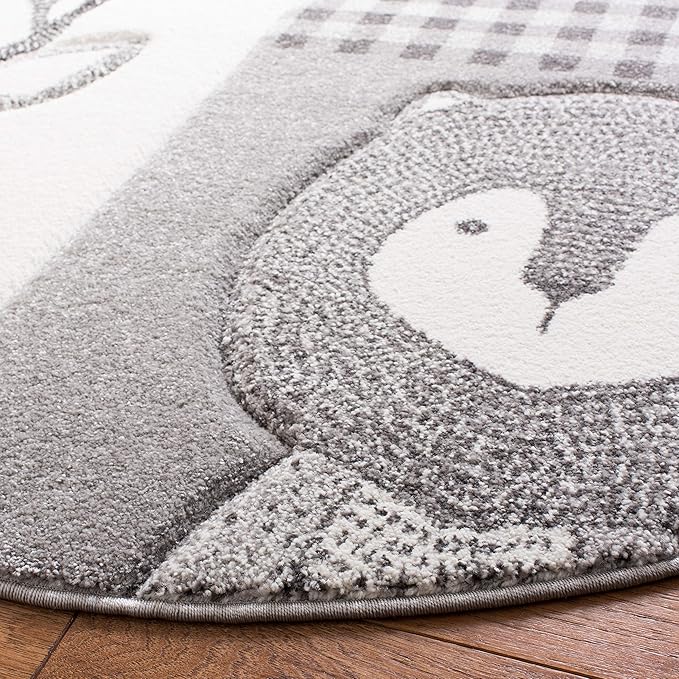SAFAVIEH Carousel Kids Collection Area Rug - 5'3" Round, Grey & Ivory, Animal Design, Non-Shedding & Easy Care, Ideal for High Traffic Areas for Boys & Girls in Playroom, Nursery, Bedroom (CRK188B)