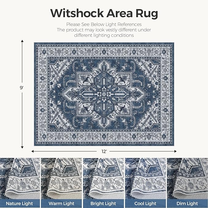 WITSHOCK Living Room Area Rugs 9x12: Washable Rug Boho Soft Non-Slip Low Pile Stain Resistant Foldable Carpet for Bedroom Playroom Dining Room Office Kitchen Farmhouse Home Decor Rug-Blue