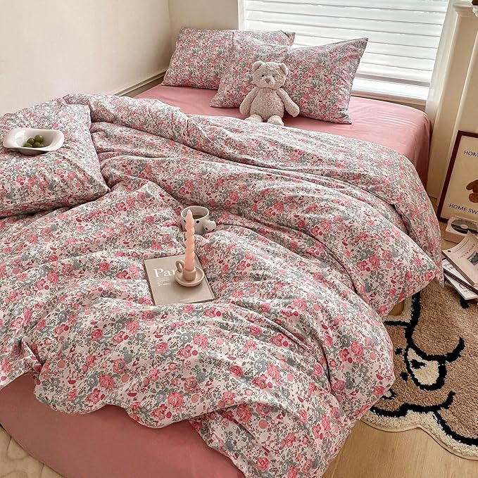 Girl Duvet Cover Twin Pink Floral Bedding Set - Shabby Chic Boho Cotton Coquette Duvet Cover Set Twin Size - Comforter Cover with Zipper Ties,3 Piece Bed Set(1 Duvet Cover 68"x86" and 2 Pillow Shams)
