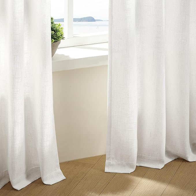 Beige White Pinch Pleated Linen Curtains 2 Panels 105 Inches Long for Living Room Bedroom Memory Shaped Semi Sheer Pleat Drapes with Hooks Rings Light Filtering Window Curtain 40x105