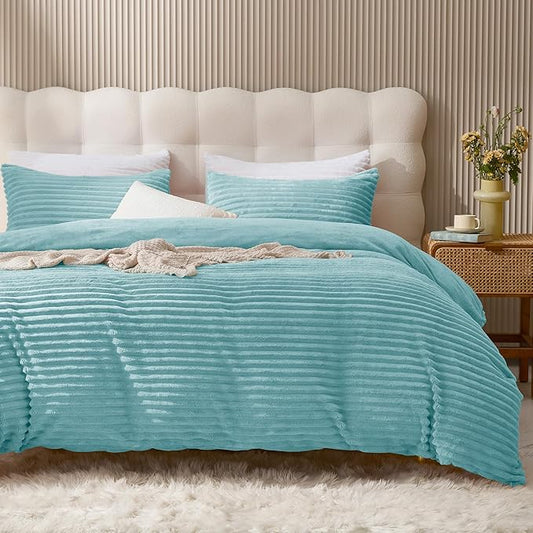 JELLYMONI Plush Duvet Cover Set - Twin Size Baby Blue Striped Fluffy Comforter Cover 2pcs Bedding Set Luxury Ultra Soft Faux Fur Duvet Cover with Zipper and 1 Pillowcase (NO Comforter)