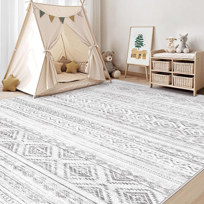 Area Rugs for Living Room Washable Living Room Rug Soft Neutral Indoor Floor Carpet Non-Slip Stain Resistant Modern Boho Rugs for Bedroom Dining Room Kids Room Nursery Office Home Light Grey