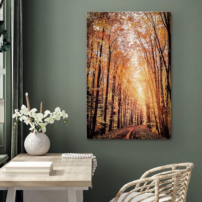SIGNWIN Canvas Print Wall Art Rustic Trail Red Autumn Forest Nature Wilderness Photography Modern Art Farmhouse/Country Landscape Colorful Multicolor Ultra for Living Room, Bedroom, Office - 32x48