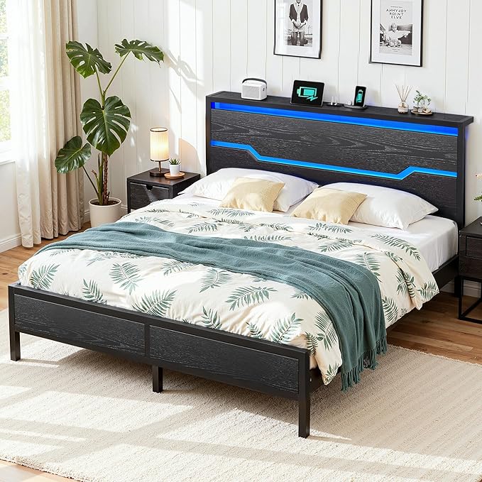 Queen Bed Frame with LED Lights & Charging Station, Bed Frame Queen Size with Headboard,13" Under Bed Storage, Noise-Free Heavy Duty Metal Support, Modern Black
