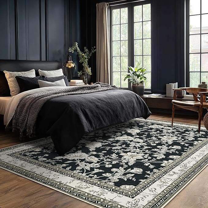 Black Floral Rug 5x7 Machine Washable Area Rug for Living Room Vintage Boho Farmhouse Low Pile Distressed Carpet for Dining Room, Bedroom Indoor Non-Slip Black Beige Taupe Flower Design Home Decor