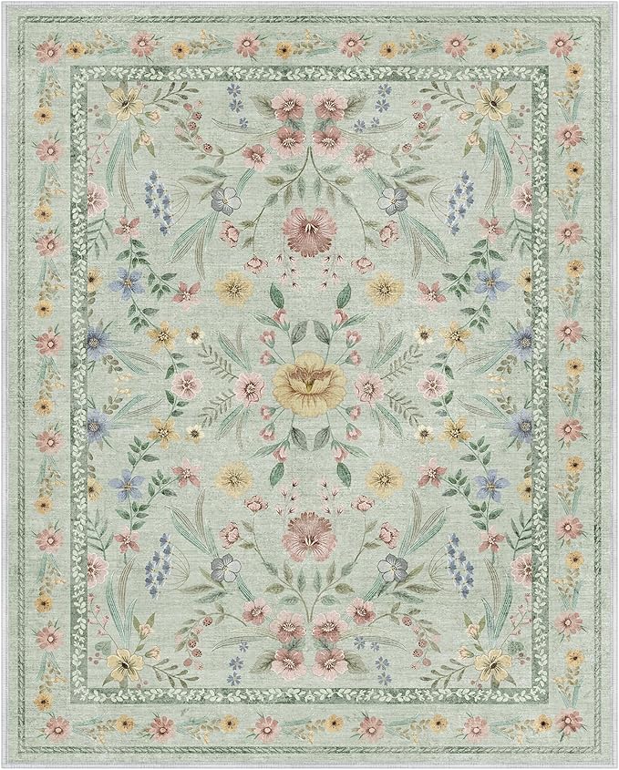 Green Washable Floral Rugs 7x9 Large Vintage Boho Non-Slip Living Room Carpet Soft Low Pile Thin Bedroom Floor Mat Indoor Home Decor for Dining Room Playroom Nursery Farmh