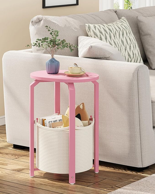 TUTOTAK Small Side Table, Oval End Table, Night Stand, Bedside Table, Sofa Table with Storage Basket, Living Room, Bed Room, Pink TB01BP093
