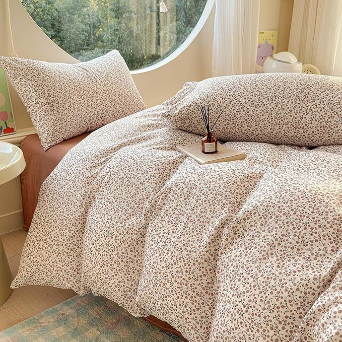 LifeTB Muslin Cotton Duvet Cover Set King Size Vintage Floral Duvet Cover Ultra Soft Breathable Comforter Cover Chic Flower Bedding Set Linen Feel Textured Gauze Comforter Cover with Zipper Closure