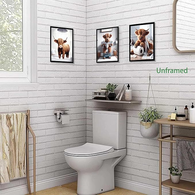 Funny Bathroom Highland Cow Wall Art, Vintage Brown Cow Animal Canvas Posters Prints Home Decor Set of 9, for Farmhouse Kids Bathroom Decoration Restroom Artwork 8x10In Unframed