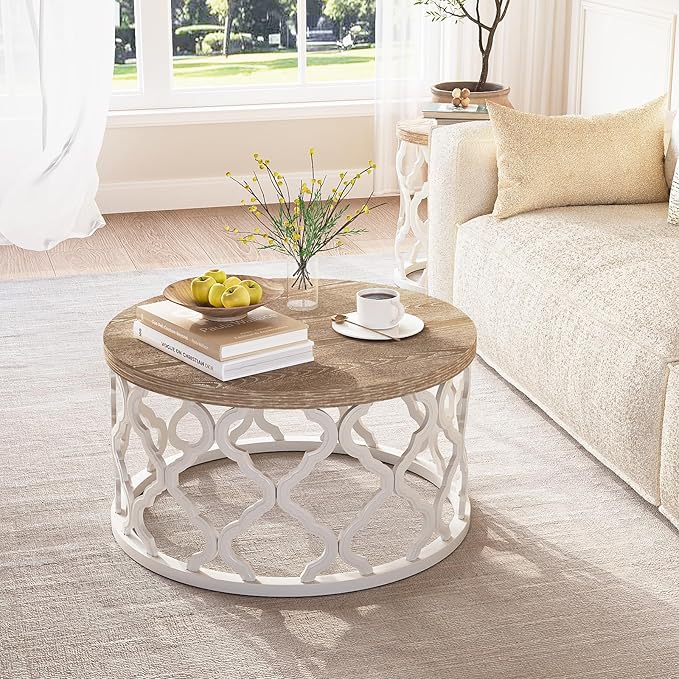 karlott Farmhouse Coffee Table, French Country Round Coffee Table, Coastal Coffee Table with Distressed Top, Boho Coffee Table with Curved Motif Frame Base for Living Room, Dining Room, Bedroom
