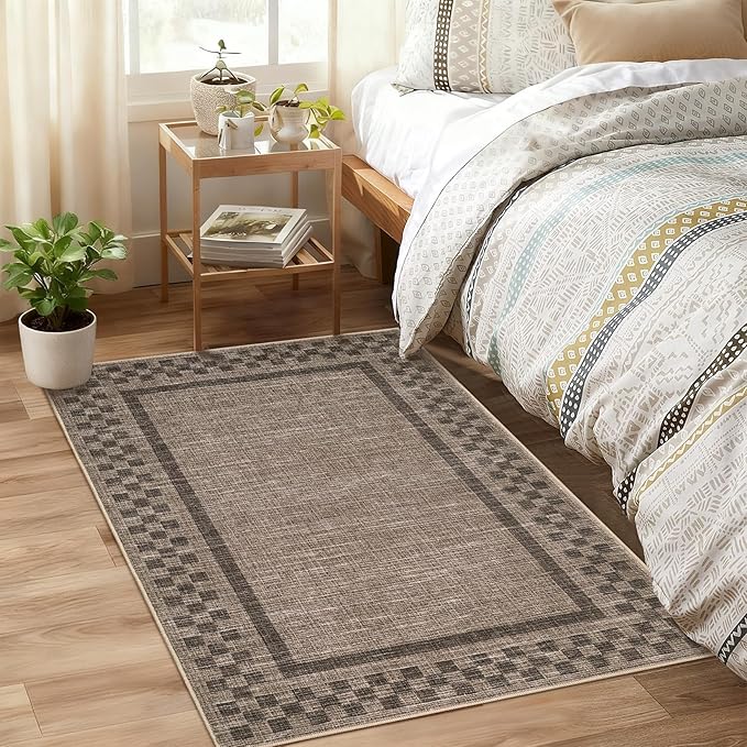 Small Area Rug 2x3 Modern Checkered Entry Rug Solid Color Scalloped Kitchen Rugs Washable Bedroom Doormat Non Slip Stain Resistant Bordered Throw Carpet for Living Room Nursery Laundry, Brown