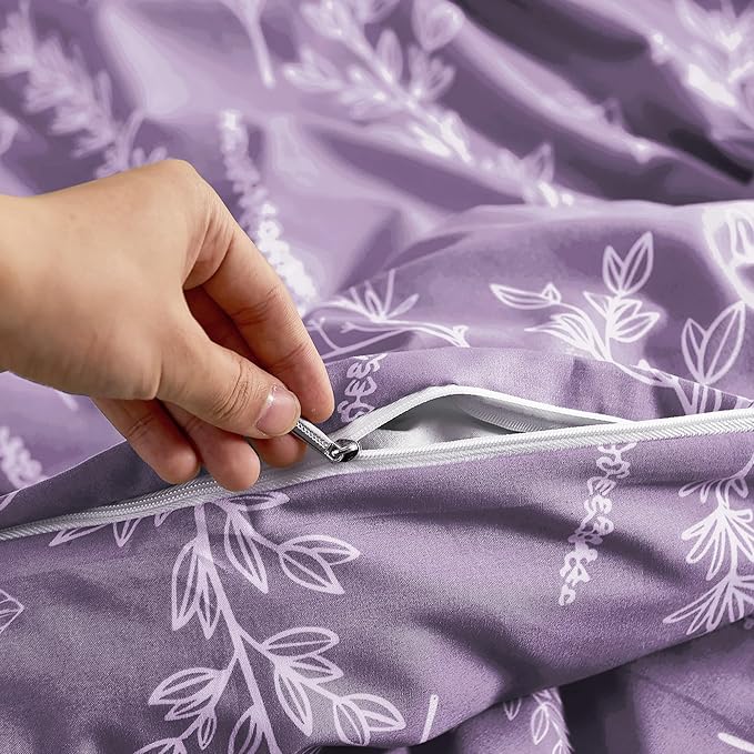 MUXHOMO Duvet Cover King Size, Reversible Floral Grayish Purple Duvet Cover Set with Zipper Closure, 3 Pieces Botanical Patterns Soft Microfiber Bedding Set with 4 Ties (90"x104", 2 Pillow Cases)