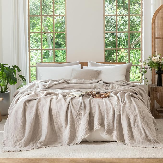 MooMee Muslin Blanket - 100% Cotton 4-Layer Gauze Throw Blanket with All-Around Fringe, Ultra-Soft Breathable Lightweight Cooling Decorative for Bed, Sofa & Couch (Cream Grey, Queen 90" x 90")