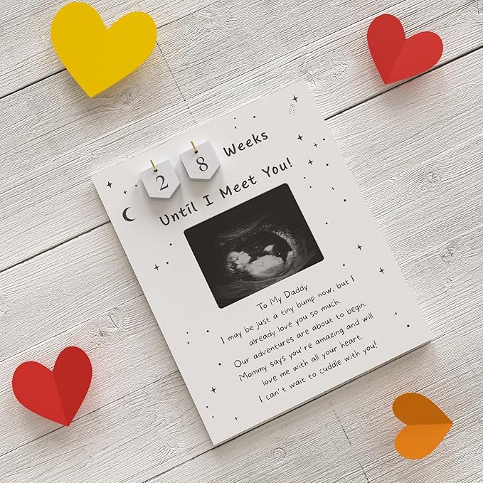 Sonogram Picture Frame Countdown Weeks For Dad - Pregnancy Announcements Ideas Sign - Standard 4"x3" Ultrasound Photo - Gender Reveal Gifts For Husband Father - New Expecting Parents to Be Keepsake