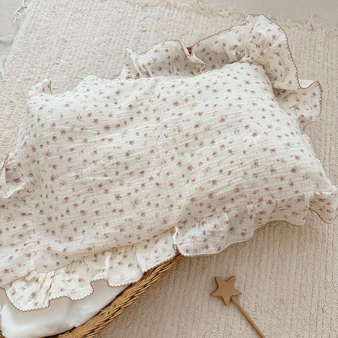 BuLuTu Pink Floral Pillowcases King Bed Pillow Case with Ruffles 20x36 Inch, 1 Pack, Double-Layer Muslin Cotton Pillow Cover, Enveloped Closure, Soft Breathable Durable