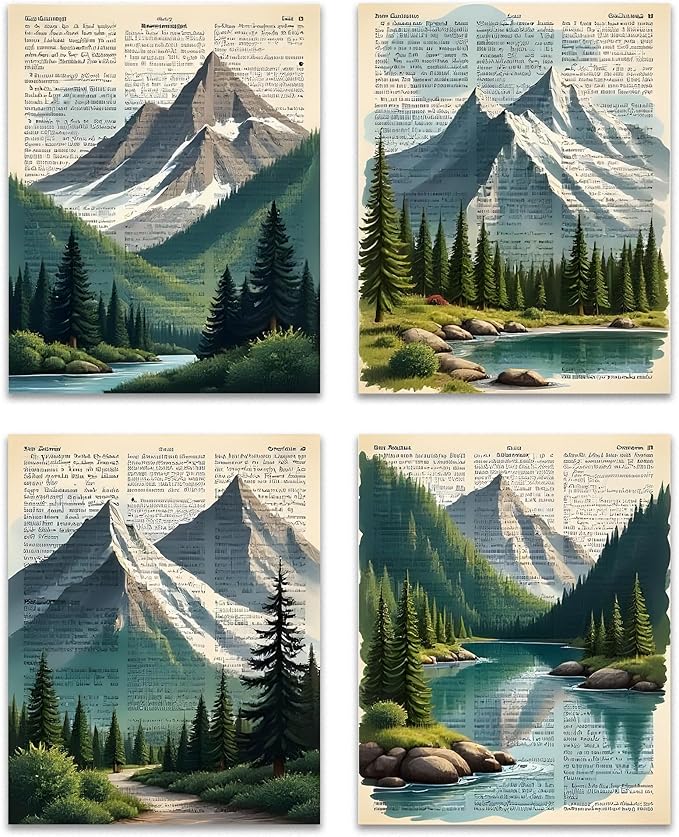 OFJE Vintage Forest Mountain Wall Art Decor Prints Set of 4, Retro Nature Landscape Wall Art Posters Decor for Home Bedroom Living Room, 8x10 Unframed