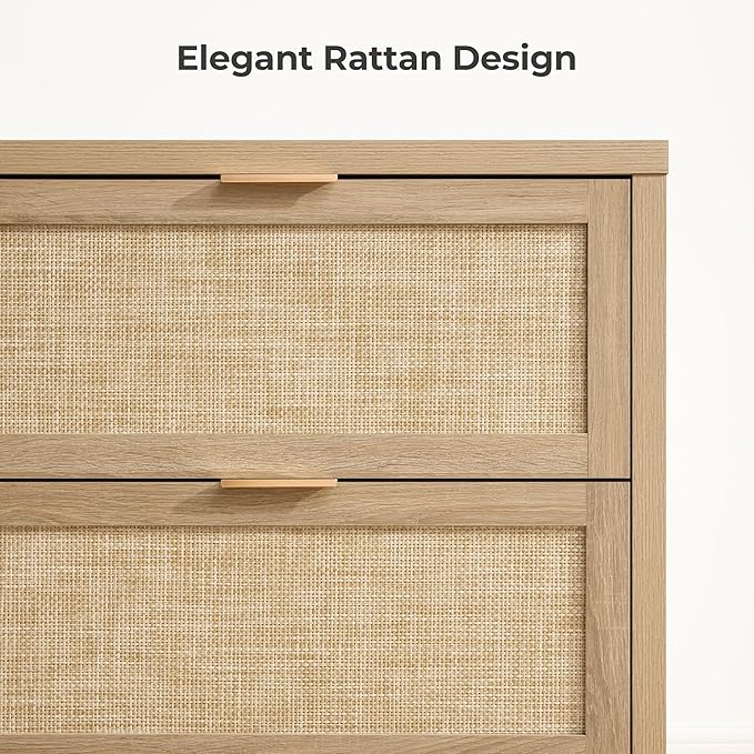 SICOTAS 60.8" Dresser for Bedroom, Rattan Boho Dresser with 4 Deep Drawers, Large Chest of Drawers for Closet,Nursery,Dressers TV Stand for Bedroom (Reclaimed Caramel Oak, 4 Drawers (1 pc))