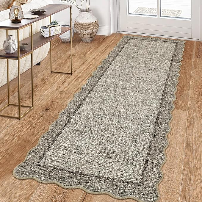 GarveeHome Scalloped Washable Runner Rug 2x10 Runner Modern Kitchen Runner Rug Non Slip Farmhouse Entryway Rug Soft Bathroom Rugs Stain Resistant Carpet for Laundry Bedroom 2 ft x10 ft Brown