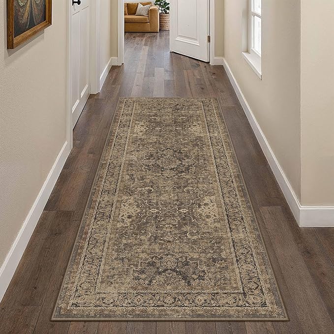 2x6 Brown Washable Vintage Runner Rug for Living Room Bedroom Soft Tranditional Non Slip Runner Area Rug Lightweight Floral Low Pile Distressed Runner Kitchen Hallway Bedroom