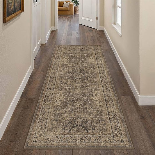 2x6 Brown Washable Vintage Runner Rug for Living Room Bedroom Soft Tranditional Non Slip Runner Area Rug Lightweight Floral Low Pile Distressed Runner Kitchen Hallway Bedroom
