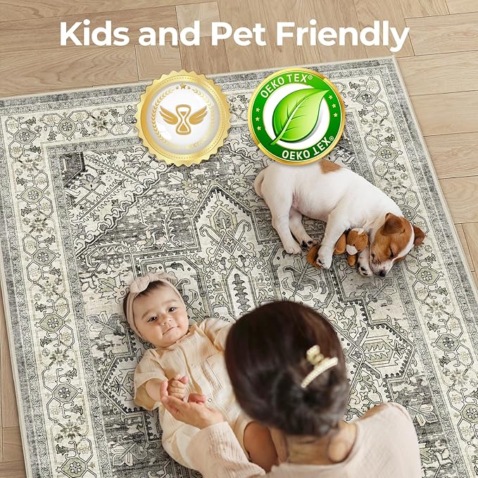 WITSHOCK Living Room Area Rugs 6x9: Washable Rug Boho Soft Non-Slip Low Pile Stain Resistant Foldable Carpet for Bedroom Playroom Dining Room Office Kitchen Farmhouse Home Decor Rug-Brown/Lvory
