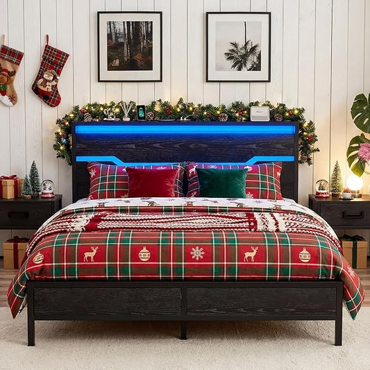Queen Bed Frame with LED Lights & Charging Station, Bed Frame Queen Size with Headboard,13" Under Bed Storage, Noise-Free Heavy Duty Metal Support, Modern Black