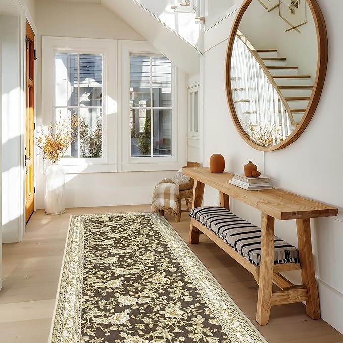 Brown Floral Print Area Rugs for Bedroom Living Room Boho Farmhouse Country Rustic Dining Room Carpet Soft Washable Rugs Non Slip Floor Covering for Nursery Playroom 3x8