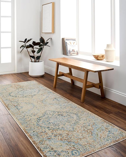Mark&Day Washable Rugs, 9x12 Elsmore Traditional Ash Area Rug, Blue Brown Silver Carpet for Living Room, Bedroom or Kitchen (9'2" x 12'4", Machine Washable)