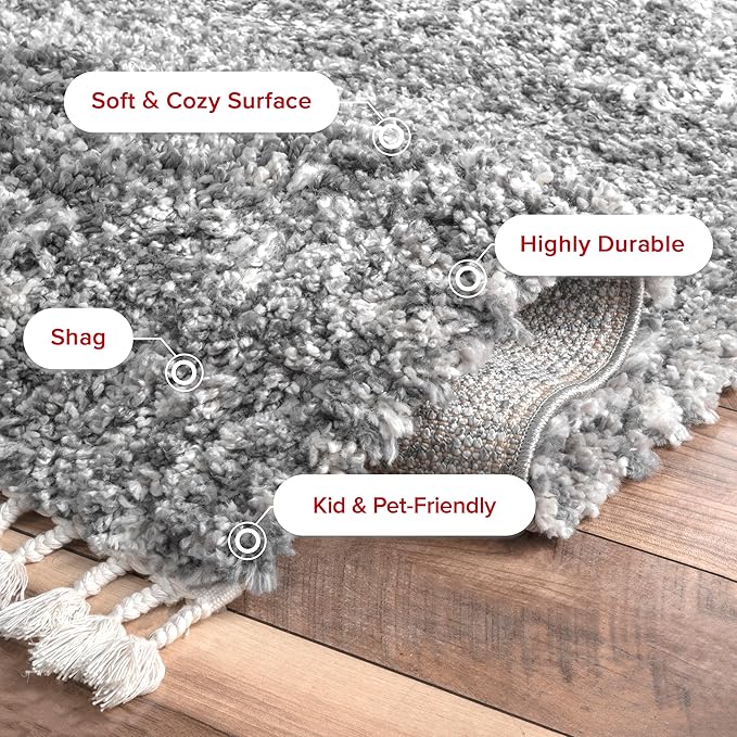 nuLOOM Brooke Shag Tasseled Area Rug - 7x9 Shag Area Rug Casual Grey/Ivory Rugs for Living Room Bedroom Dining Room Nursery