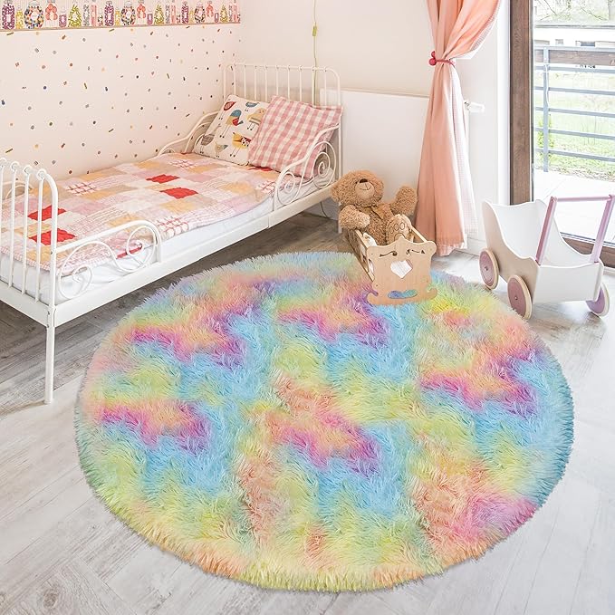 Rainbow Round Rug 5Ft,Colorful Rug for Room Decor and Girls Bedroom,Fuzzy Circle Area Rugs for Dorms Nursery Rooms Kids Unicorn Room Decor Aesthetic Kids Play Mat