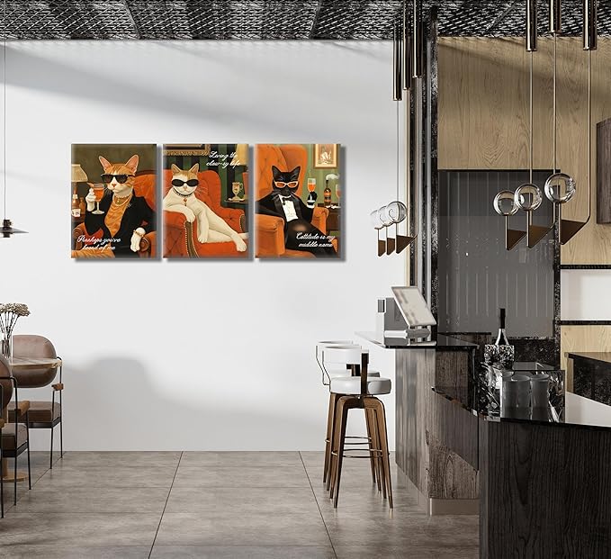 3Pcs Funny Cat Canvas Wall Art Elegant White Black Orange Cat Drinking Cocktail Painting Picture Wall Decor Luxury Feline Poster Print Bar Cart Artwork Decor for Bar Dining Room Bedroom Home Decortion