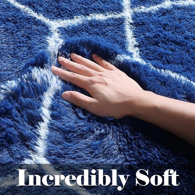 ONASAR Geometric Area Rugs 5x8 for Living Room, Fluffy Moroccan Navy and White Rug for Boys Bedroom Home Decor Aesthetic, Soft Shaggy Plush Floor Carpet for Kids Girls Teen Nursery Playroom Office