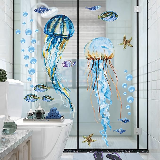Creative Watercolor Jellyfish Wall Sticker Under The Sea Wall Decals Peel and Stick Removable Bubble Fish Starfish DIY Art Décor for Kids Girls Bedroom Living Room Bathroom Window Wall Decoration