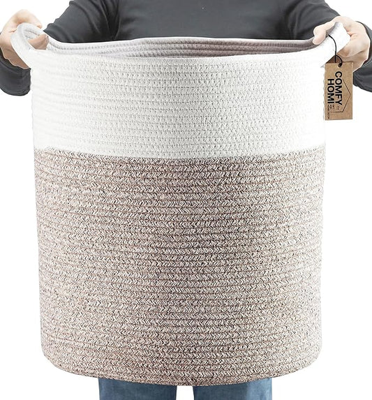COMFY-HOMI XXL Large Laundry Basket with Handles Blanket Baskets Living Room|Woven Cotton Rope Decorative Basket Laundry Hamper Baby Basket Nursery Dog Toy Storage Organizer Bin-16”x18”-White Brown
