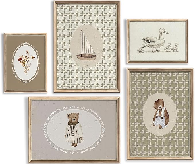 Vintage Nursery Wall Art Kids Room Canvas Wall Decor Animal Pictures Cute Duck and Woodland Bear Posters Neutral Floral and Sailboat Painting Print Artwork for Baby Boy Girl Room Playroom, Unframed