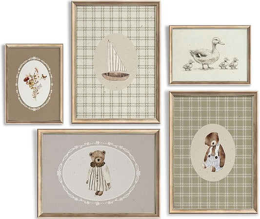 Vintage Nursery Wall Art Kids Room Canvas Wall Decor Animal Pictures Cute Duck and Woodland Bear Posters Neutral Floral and Sailboat Painting Print Artwork for Baby Boy Girl Room Playroom, Unframed