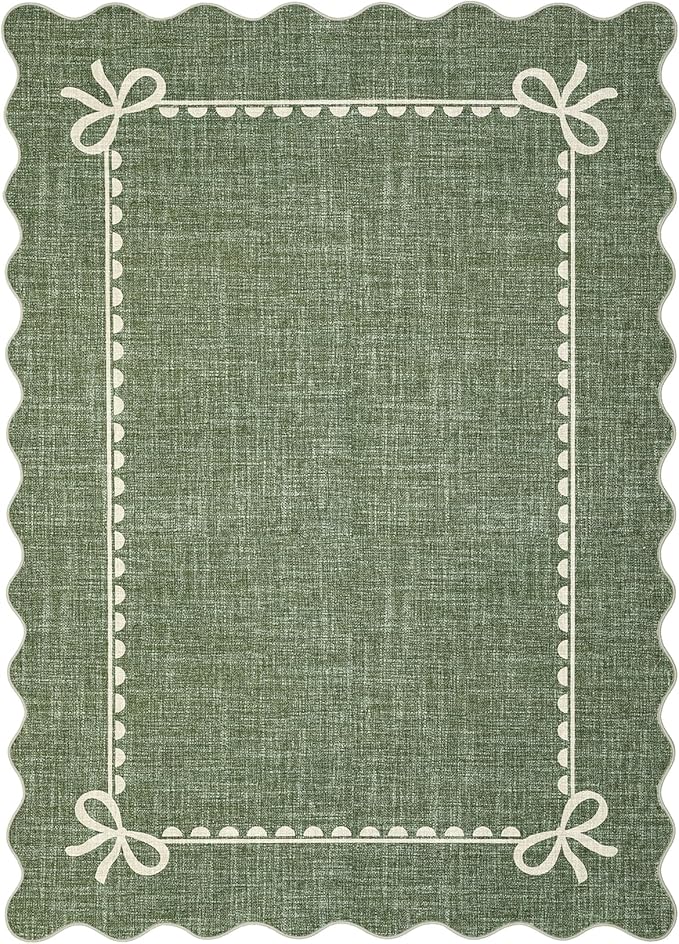 GarveeHome Scalloped Bow Rug for Living Room, Solid Green Rug for Dorm, Washable Rugs 6x9 Soft Low Pile Non Slip Scalloped Rugs for Nursery College Bedroom Decor Kids Room Playroom