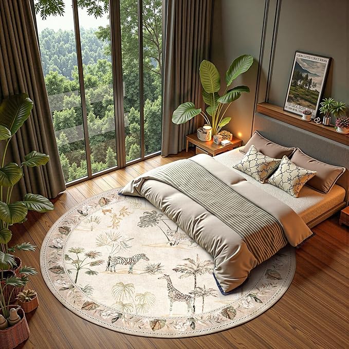 jinchan Round Rug 8ft Beige Jungle Animals Print Living Room, Machine Washable 8' Circle Modern Soft Non-Slip Forest Plant Kids Room Throw Area Rug, Low Pile Carpet for Dining Room Bedroom Playroom