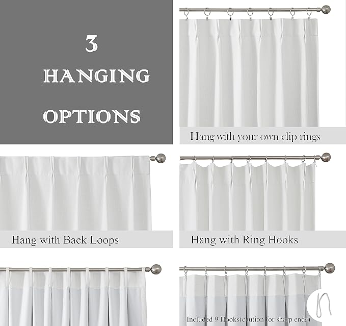 Pinch Pleated Blackout Curtain Panels with Full Blackout Liner Linen Texture Window Treatment Sets with Back Tab for Living Room Bedroom Thermal Insulated Drape with 9 Hooks, 40"x72"x2, White