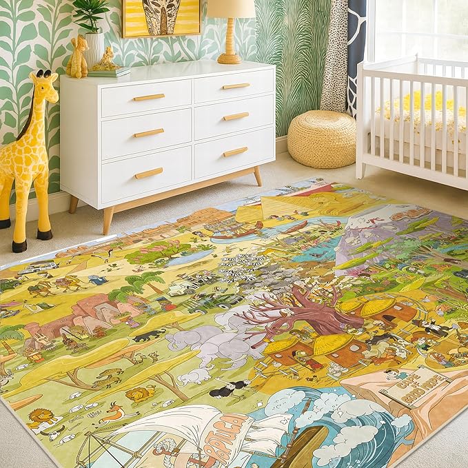 Africa Adventure Kids Rug 5x7 – Safari Animal Map Carpet with Lions, Elephants, Giraffes & Tribes – Educational Play Mat for Baby Bedroom, Classroom, or Playroom