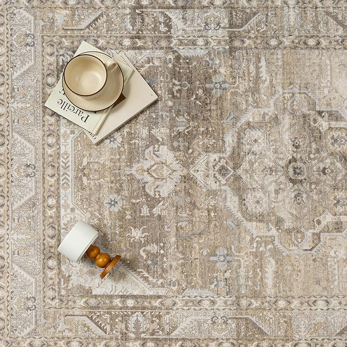 2x6 Washable Vintage Runner Rug for Living Room Bedroom Non Slip Distressed Traditional Soft Runner Rug Beige Brown Low Pile Lightweight Floral Runner Kitchen Hallway Entrance
