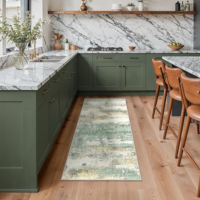 GENIMO Runner Rug Non Slip 2'6"x6', Washable Rug Runner for Hallways Kitchen, Abstract Modern Kitchen Rugs, Low Pile Lightweight Carpet Runners for Entryway, Bedroom, Laundry, Light Green