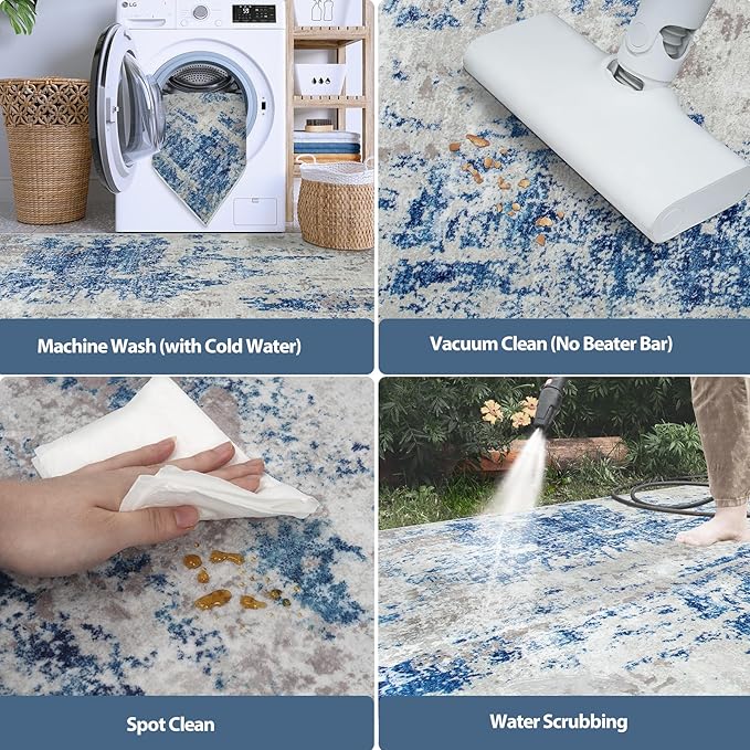 6x9 Area Rugs for Living Room Rug Washable: Abstract Rug for Dining Room Bedroom Carpet Non Slip 6 by 9 Indoor Modern Nursery Home Office Blue Grey White