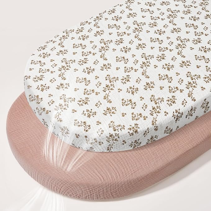 Basumee Muslin Bassinet Sheets for Baby Girl Boy 2 Pack Soft Breathable Baby Bedside Bassinet Fitted Sheets with Bottom Elastic Band 33''x17''x4'' Mattress Cover for Rectangle Oval Hourglass Bassinets