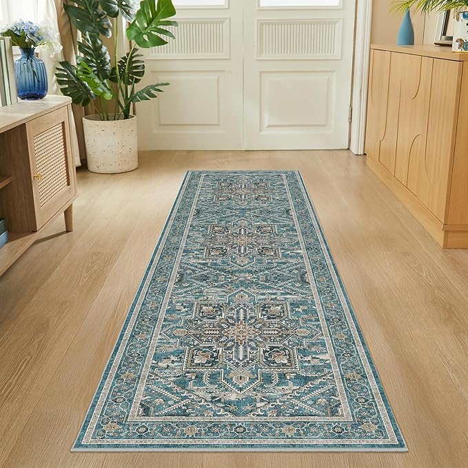 WITSHOCK 2x8 Teal Runner Rug for Hallway, Washable Rug Distressed Boho Soft Low Pile Stain Resistant Foldable Carpet for Kitchen Entryway Indoor Entrance Laundry Vintage Farmhouse Home Decor