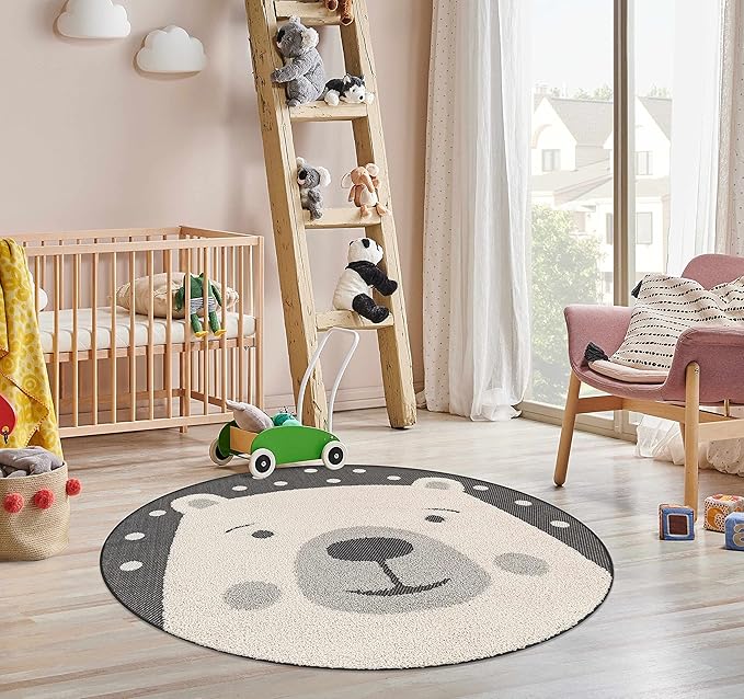 Hauteloom Kids Room, Nursery Round Area Rug - Outdoor Patio Safe - Animal Bear Playroom Carpet - Beige, Gray, Black, Cream - 7'10"