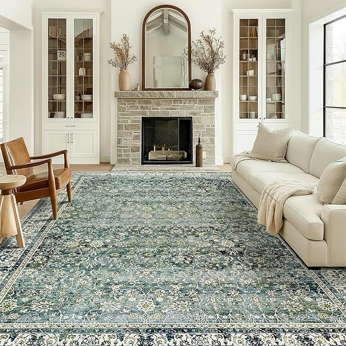 Dark Emerald Green Area Rugs 8x10 for Living Room,Washable Faux Wool Moody Floral Boho Vintage Oriental Indoor Large Carpet for Bedroom Under Bed Dining Room Under Table