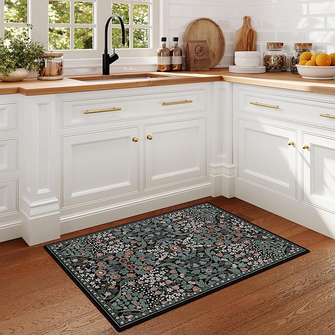 2x3 Floral Washable Area Rug for Kitchen, Non-Slip Soft Vintage Boho Carpet, Botanical Forest Green Small Low Pile Rugs for Bedroom, Entryway, Home Office, Dorm, Black and Green
