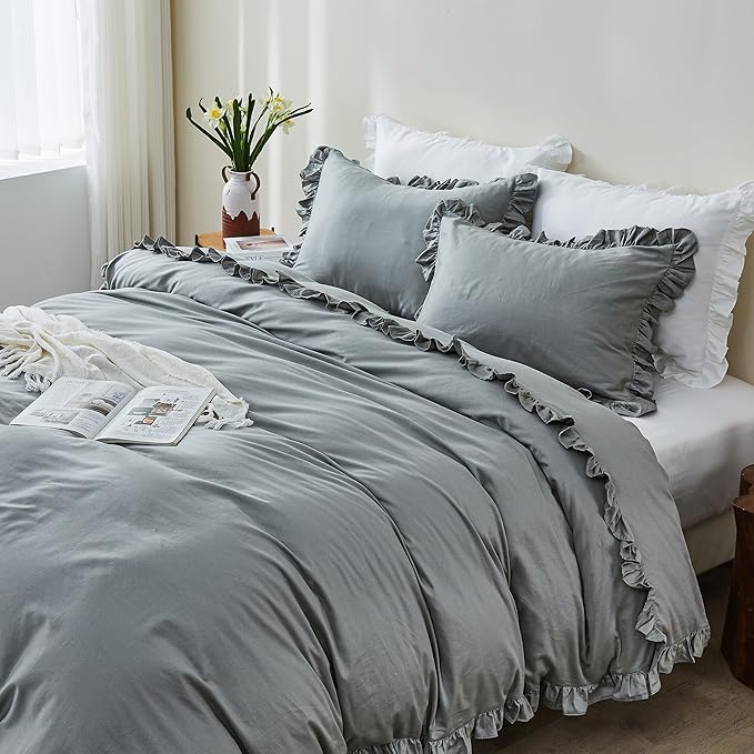 Simple&Opulence Kids 100% Organic Cotton King Duvet Cover Ruffle 3Pcs(1 Comforter Cover 2 Pillowcases) Cute Lace Vintage Boho Shabby Chic Farmhouse Bedding Set Teen Girls(Gray, King)