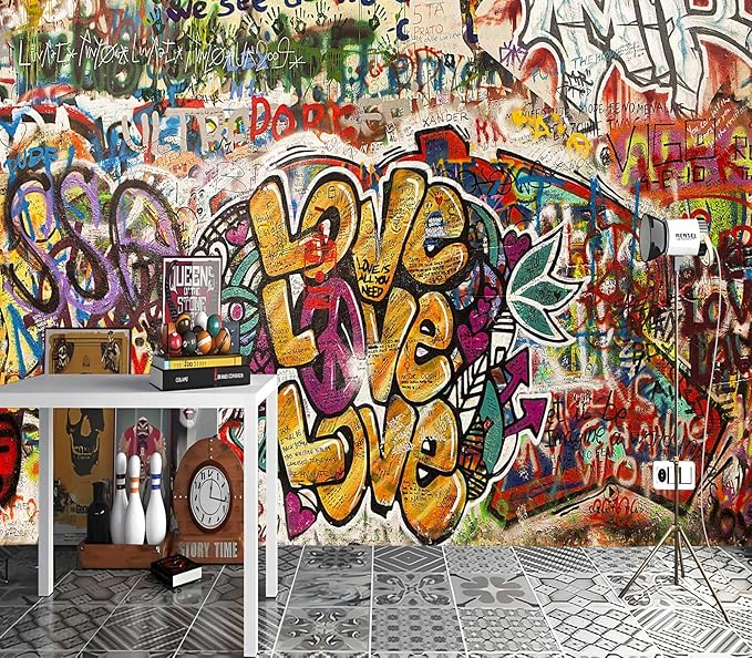 XMPMBM-Graffiti Art backsplash Large Decorative Wallpaper Colorful Alphabet Bedroom Bathroom Wall Mural- W 154" X H 105"（112 Square Foot）